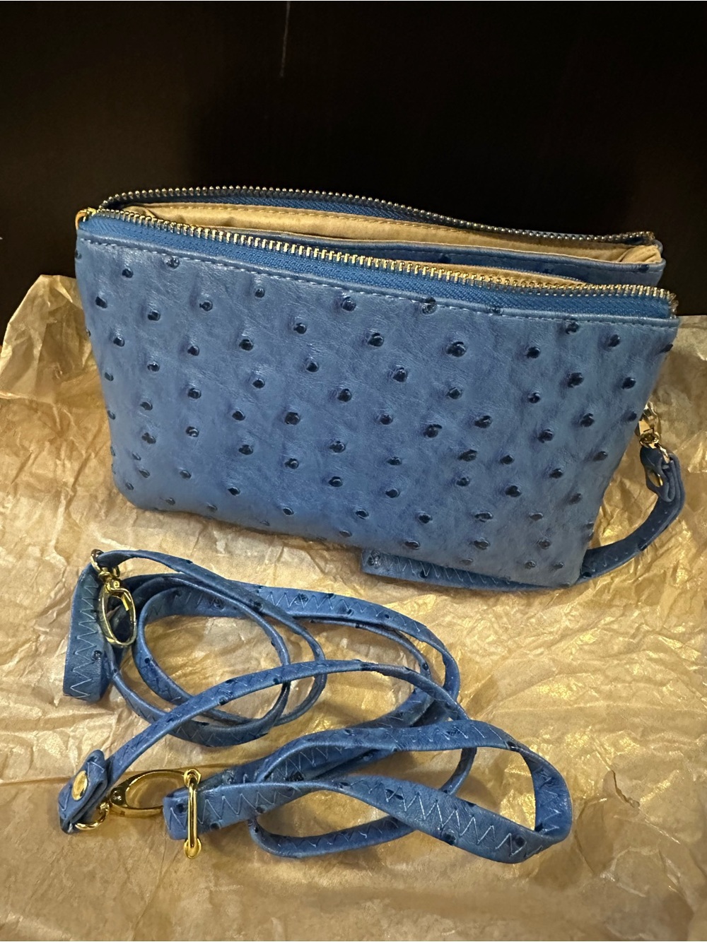 Blue Textured Convertible Crossbody Bag with Gold Hardware